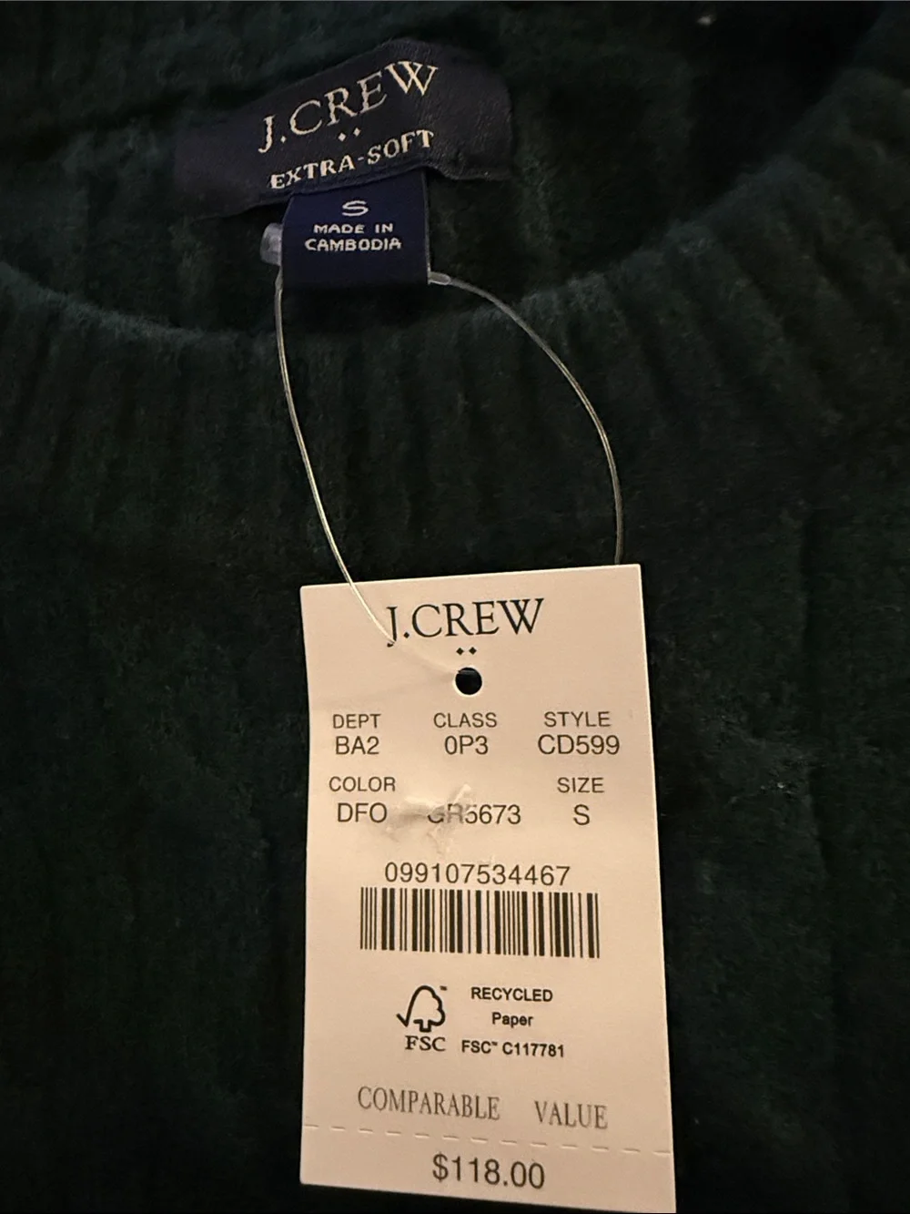 NWT wool blend J.crew sweater in a dark green size small. Womens thin cable knit